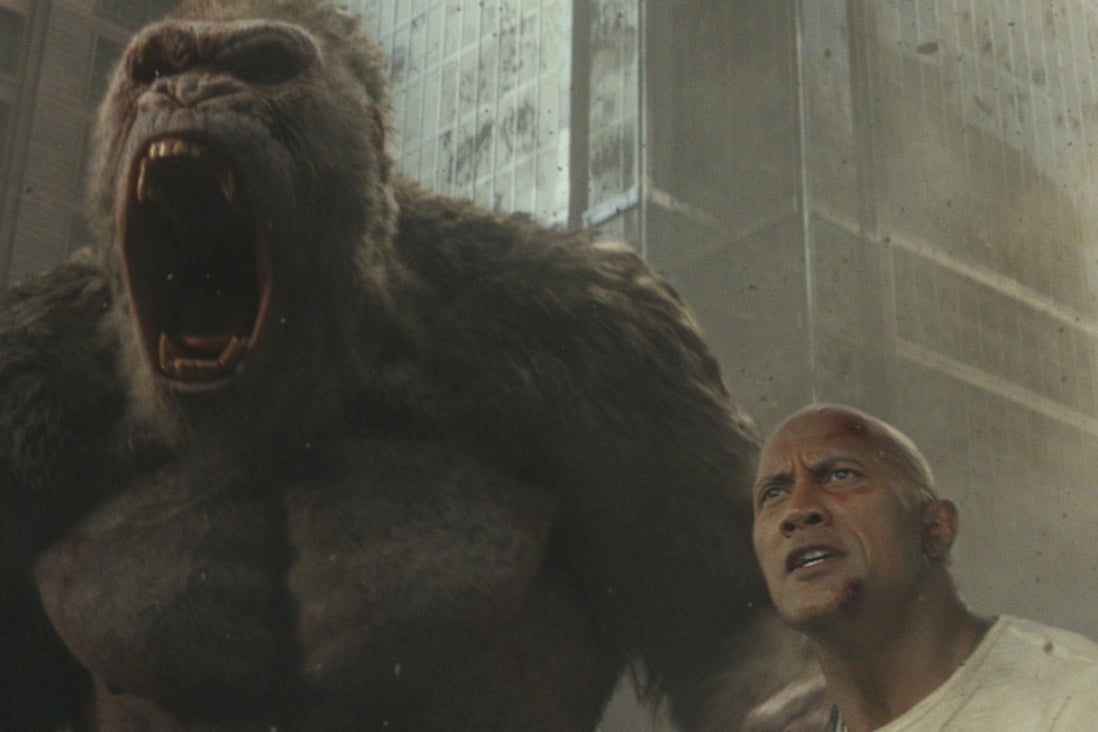 Dwayne Johnson and his gorilla friend in a still from Rampage (category IIB), directed by Brad Peyton.