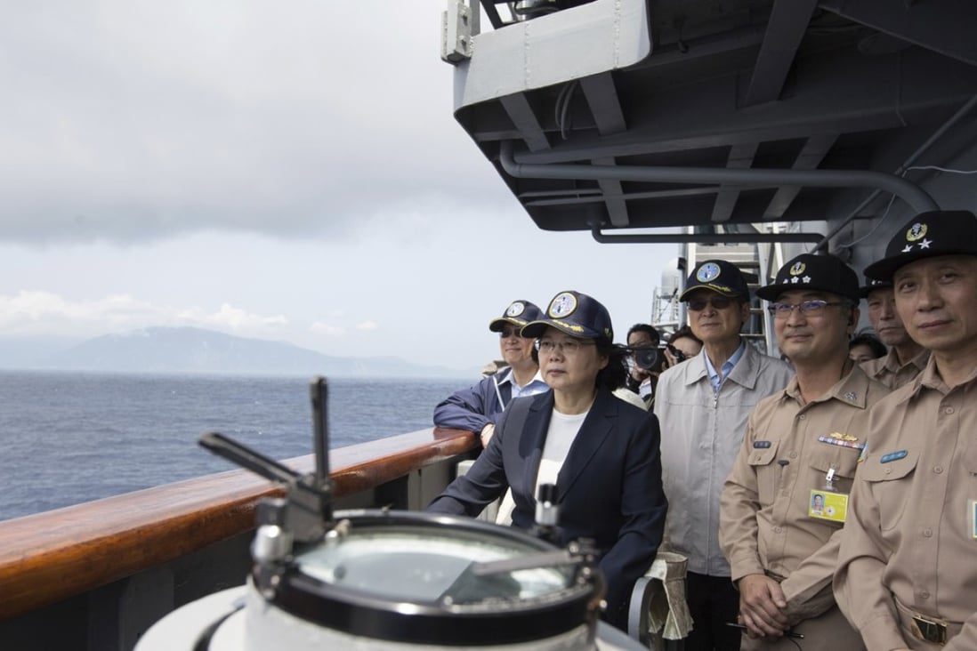 Taiwanese President Tsai Ing-wen inspects on a Kidd-class destroyer during a navy exercise in the northeastern port of Suao in Yilan county on Friday. Photo: AP