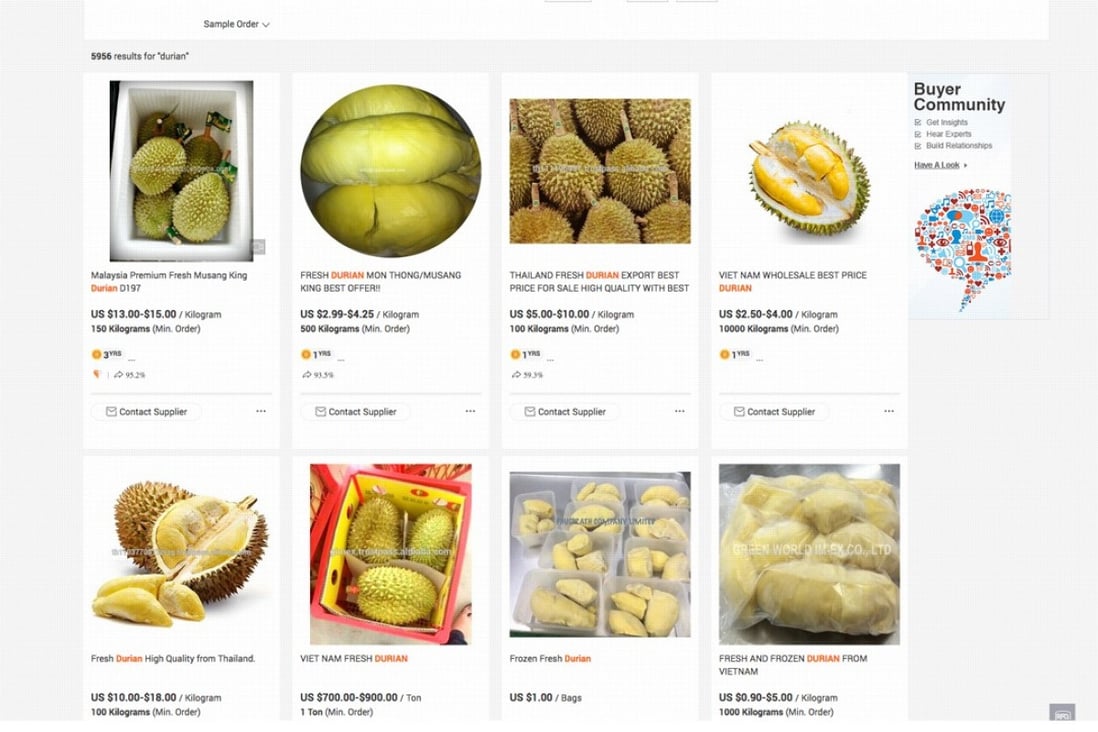 A screen capture shows durians for sale on Alibaba’s Tmall platform. Photo: Handout