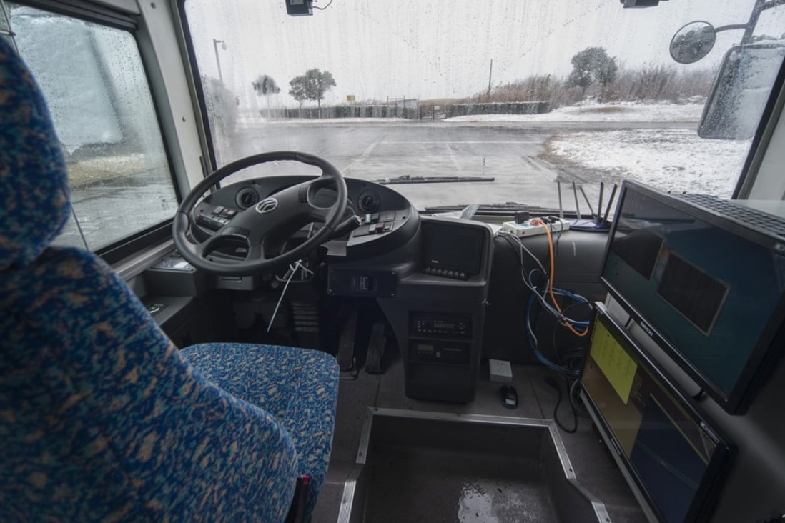 A self-driving bus is tested at the National Intelligent Connected Vehicle Pilot Zone’s Enclosed Test Zone in Shanghai in January. Pictures: Zigor Almada