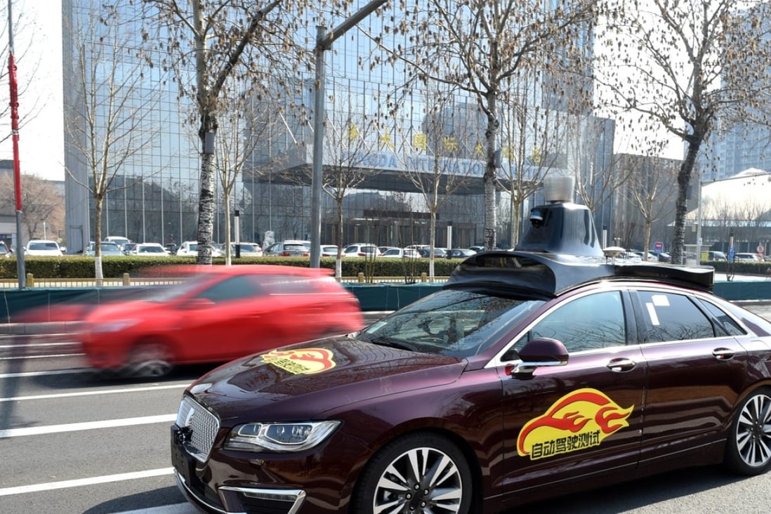 A self-driving vehicle for public road testing runs on a road in Beijing, capital of China. Photo: Xinhua