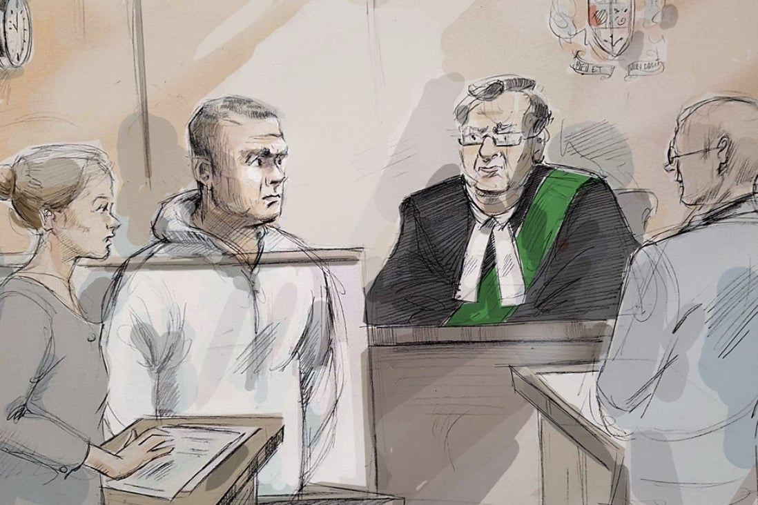 In this courtroom sketch, Duty counsel Georgia Koulis, from left, Alek Minassian, Justice of the Peace Stephen Waisberg and Crown prosecutor Joe Callaghan appear in court in Toronto on Tuesday. Artwork: AP