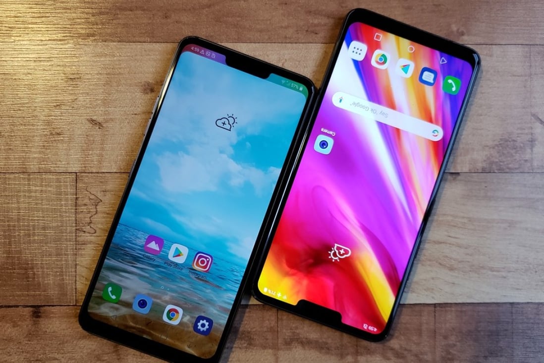 Two LG G7s next to each other. The device has a 6.1-inch LCD display with a notch at the top that houses an 8-megapixel selfie camera, earpiece and proximity sensor. Photo: Ben Sin