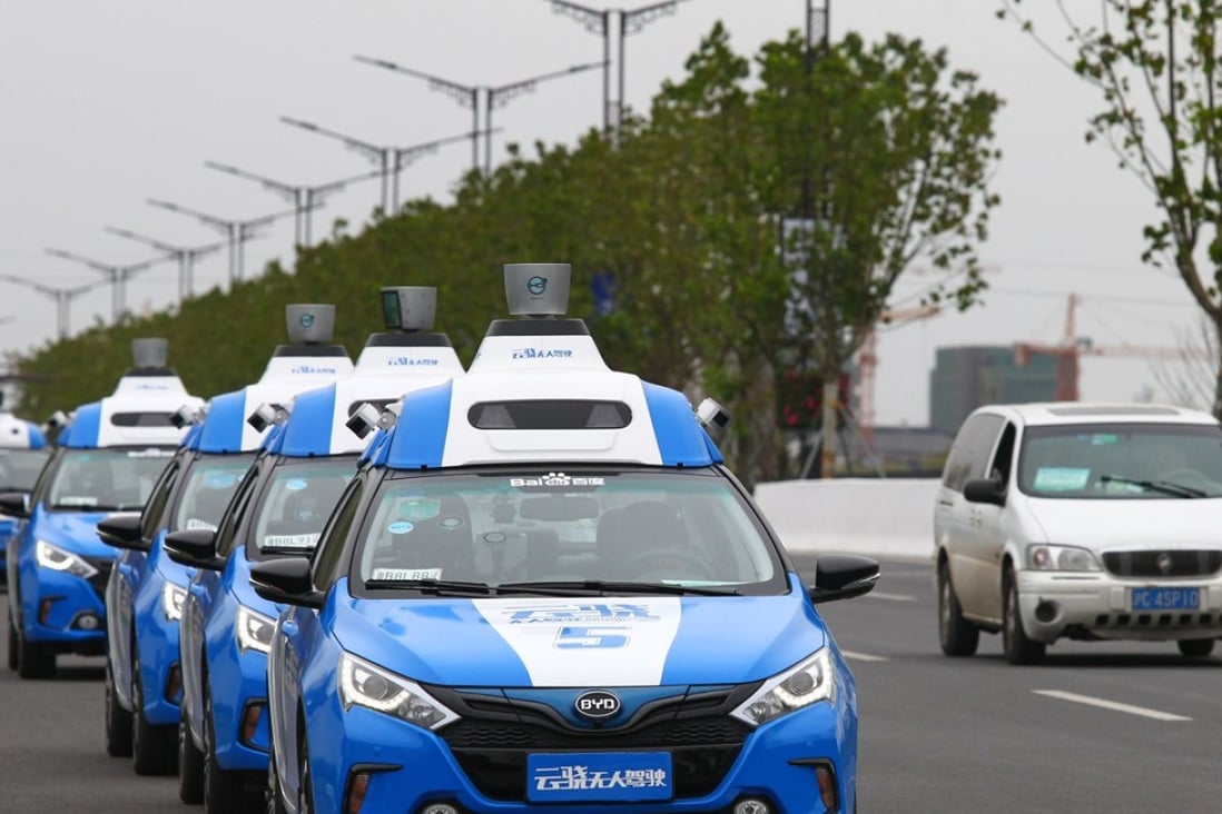 A line of Baidu driverless cars are pictured in Wuzhen, China's Zhejiang province. Photo: Simon Song