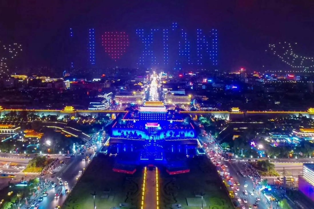 Chinese drone maker Ehang broke the Guinness World Record for the largest number of drones used in an airborne performance at a Labour Day show in Xi’an on Tuesday. Photo: Handout