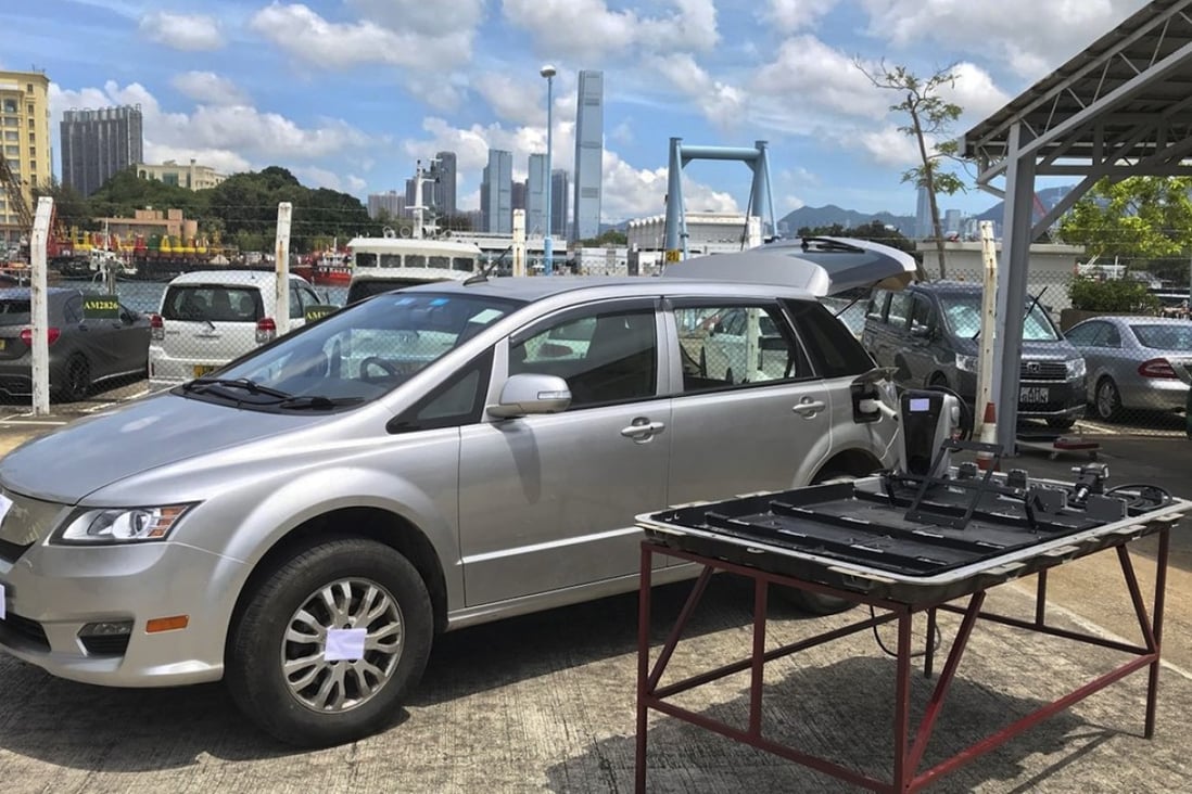The electric car was intercepted by customs officers at the Shenzhen Bay control point. Photo: Handout