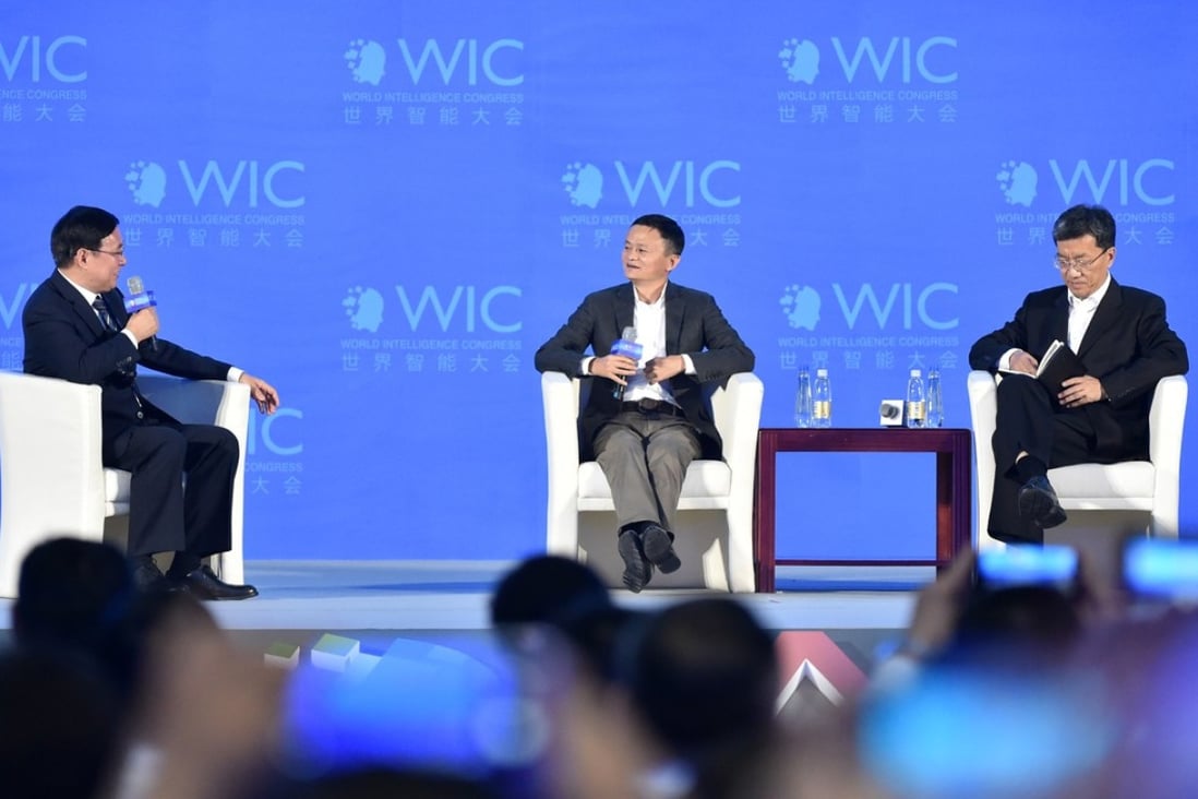 Jack Ma Yun, the founder and executive chairman of e-commerce giant Alibaba Group Holding, is at the centre of a discussion at a forum during the 2nd World Intelligence Congress in the northern Chinese city of Tianjin on May 16, 2018. Photo: Xinhua