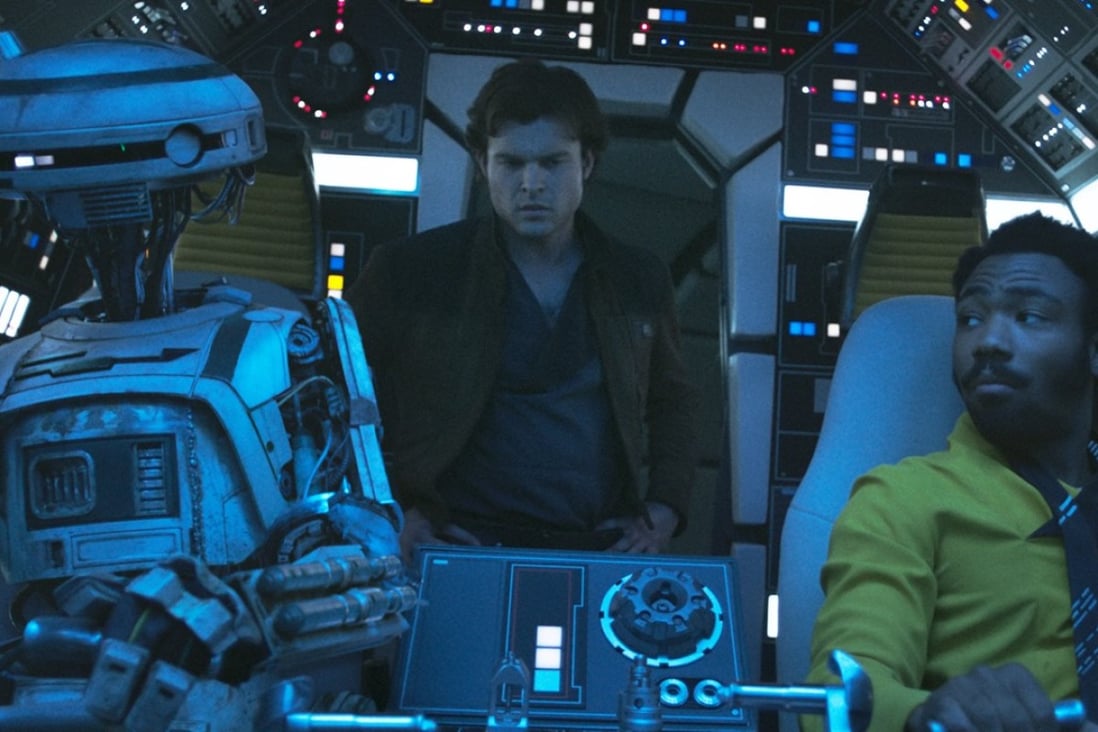 A still from Solo: A Star Wars Story with (from left) droid L3-37 (voiced by Phoebe Waller-Bridge), Alden Ehrenreich as Han Solo and Donal Glover as Lando Calrissian.
