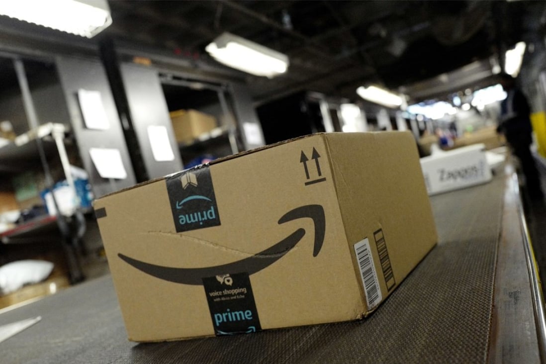 A package from Amazon Prime moves on a conveyor belt at a UPS facility in New York on May 9. Photo: AP