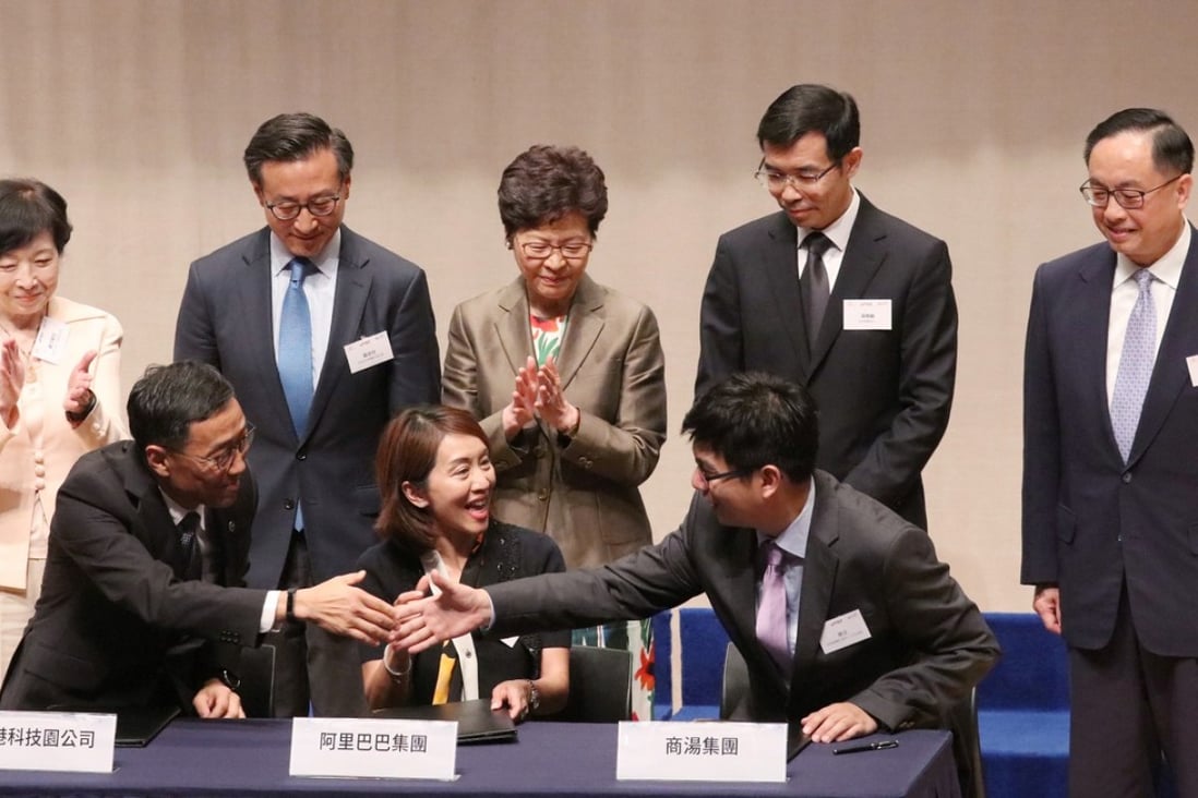 Hong Kong received a major boost to its technology ambitions with the launch of an AI lab jointly funded by SenseTime and the Alibaba Hong Kong Entrepreneurs Fund. Hong Kong chief executive Carrie Lam (back row, centre) attended the launch ceremony. Photo: Felix Wong
