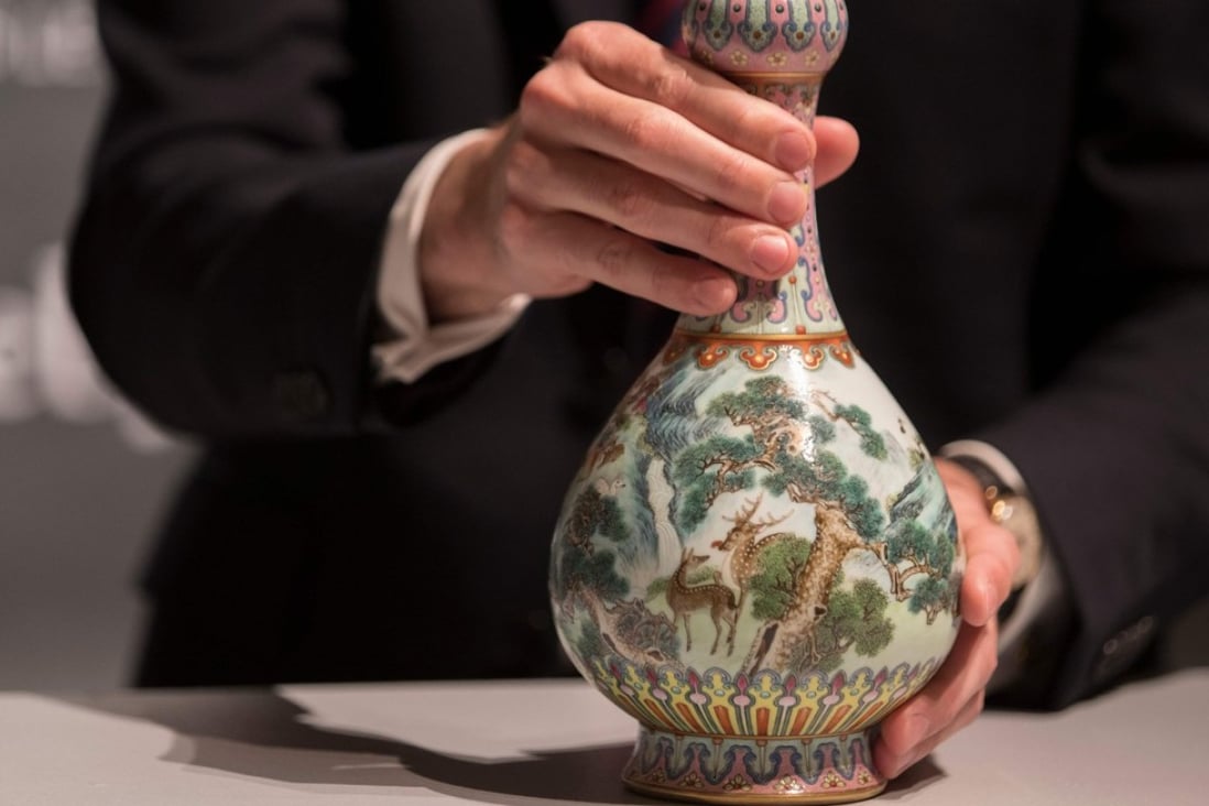 A rare imperial Qianlong porcelain vase, displayed at Sotheby’s in Paris on Tuesday. Photo: AFP 