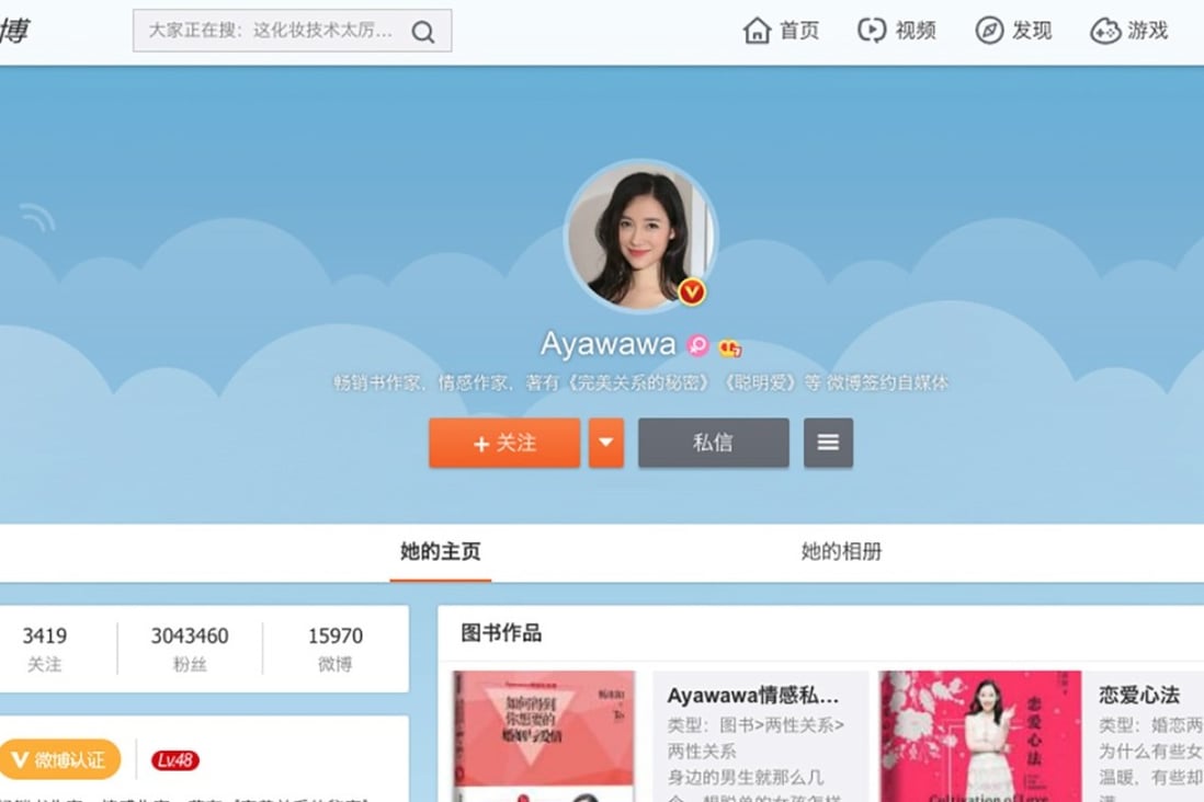Relationship blogger Ayawawa was banned from posting on Weibo for six months over offline remarks about China’s ‘comfort women’. Photo: Baidu