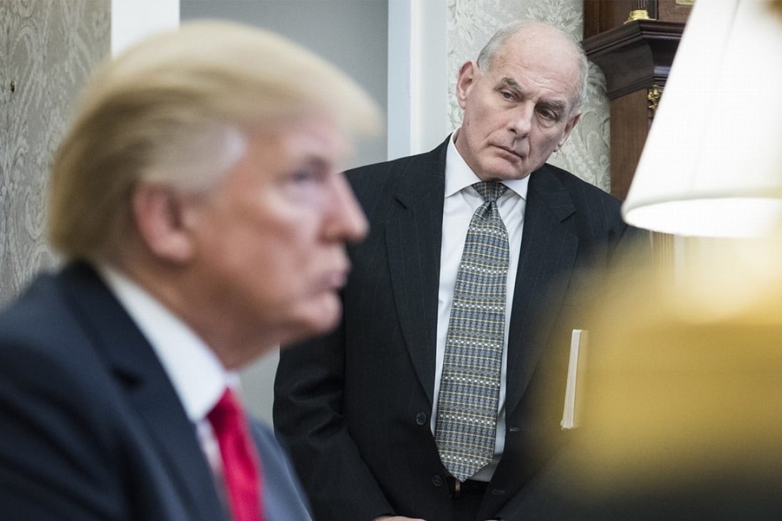 White House Chief of Staff John Kelly watches as US President Donald Trump speaks during a meeting with North Korean defectors in the Oval Office in February. Kelly’s recent comments on immigrants have caused a furore. Photo: Washington Post 