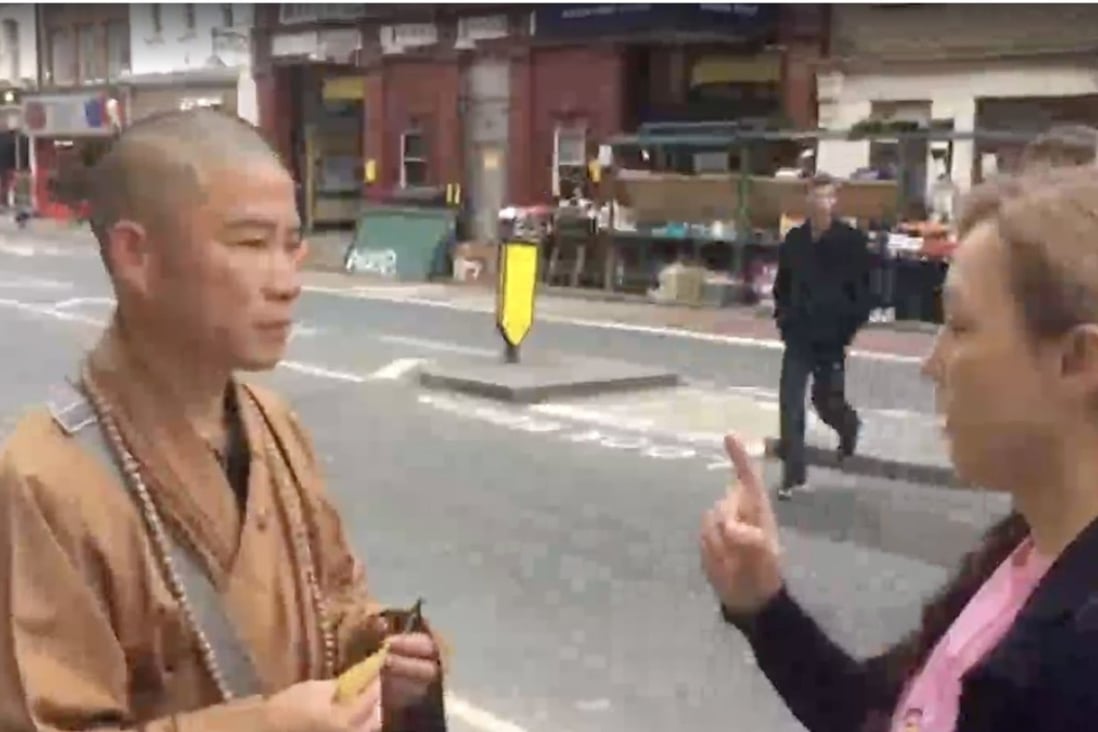Actress-turned-lawyer Mary Jean Reimer (right) confronting a fake monk on the streets of in London. Photo: Facebook / Buddhist Alert (International) / Mary Jean Reimer