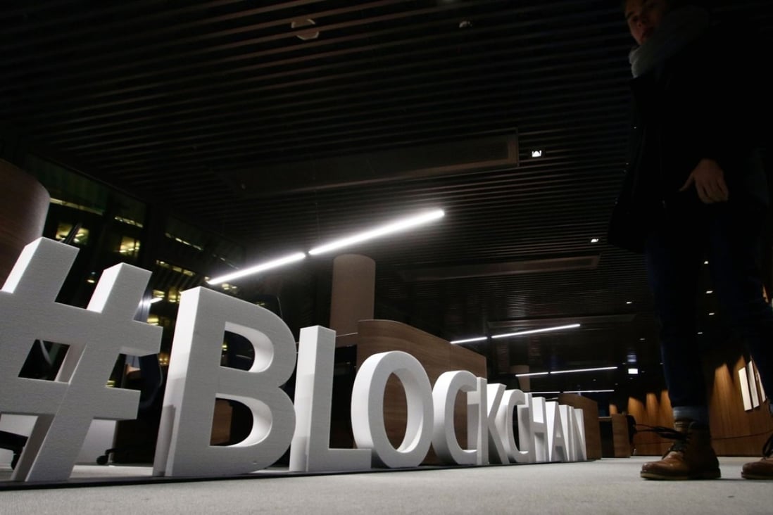 Giant letters, reading the word "blockchain", are displayed at the blockchain centre, which aims at boosting start-ups in Lithuania's capital Vilnius. Photo: AFP
