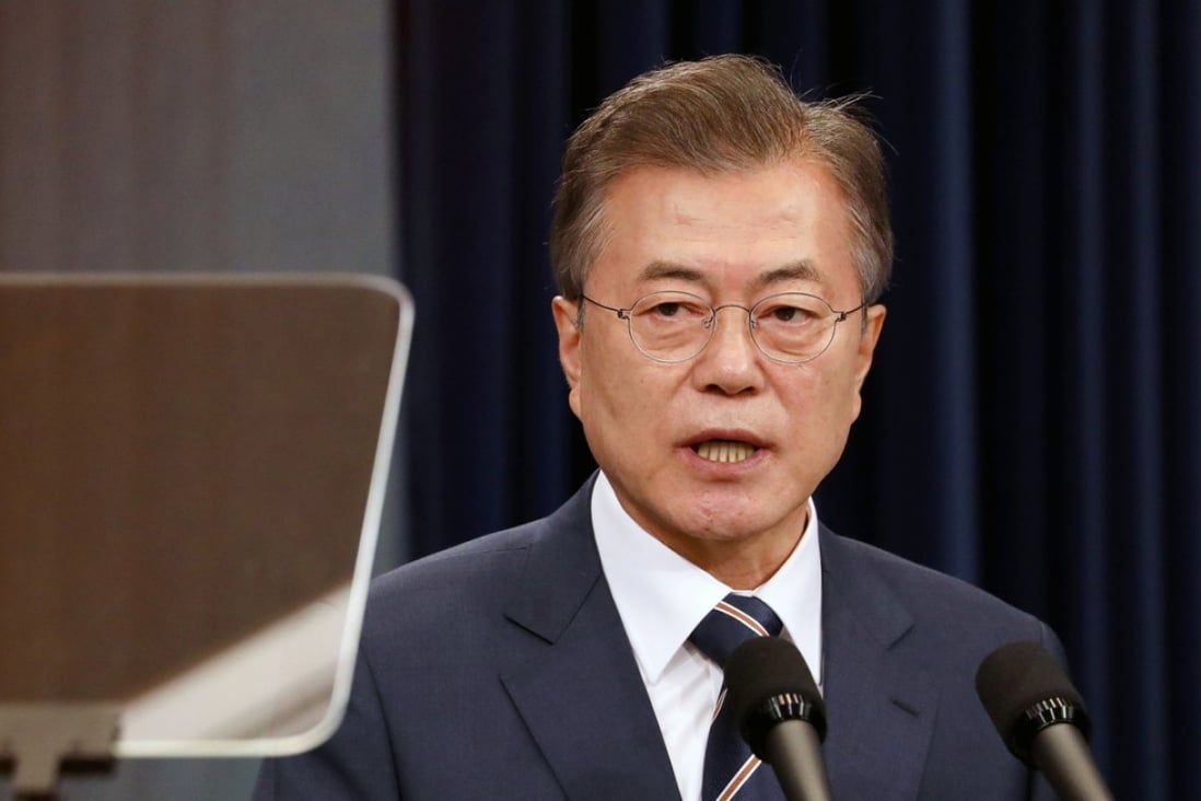 Moon Jae-in, South Korea's president, speaks during a news conference at the presidential Blue House in Seoul, South Korea, on Sunday. Photo: Bloomberg