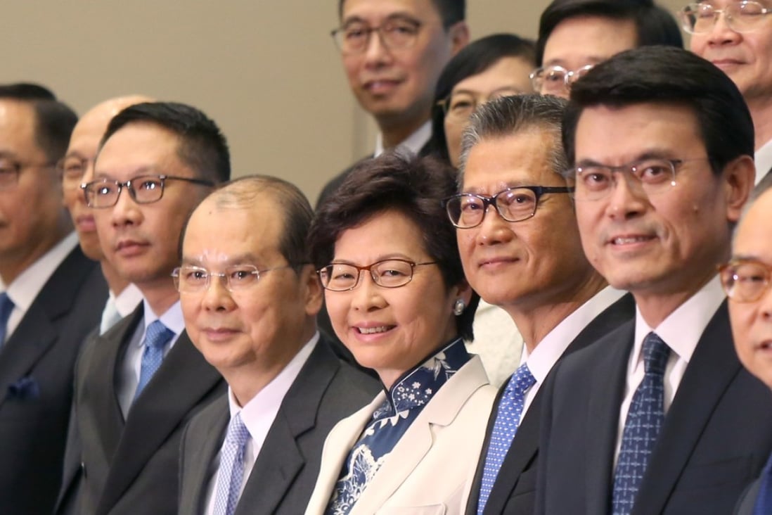 Hong Kong Chief Executive Carrie Lam presents her cabinet in Tamar in June 2017. Photo: Xiaomei Chen