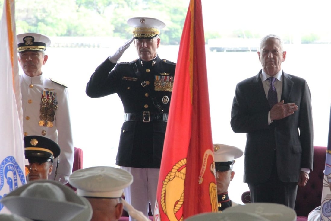 (From left) Admiral Harry Harris, General Joe Dunford, chairman of the Joint Chiefs of Staff, and US Defence Secretary Jim Mattis attend the change of command ceremony in Pearl Harbour on Wednesday. Photo: AFP