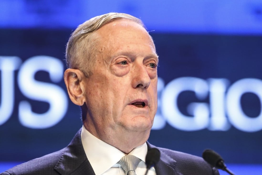 US Defence Secretary Jim Mattis delivers his speech during the first plenary session of the 17th IISS Shangri-La Dialogue, an annual defence and security forum for Asia, in Singapore on Saturday. Photo: AP