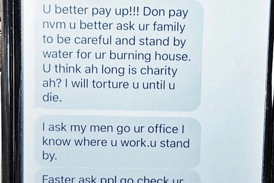 A screenshot of the messages sent by an unlicensed money lender to Madam Tan. Between January and April 2018, harassment cases without damage to property by loan sharks increased 17.5 per cent to 942 cases as compared to the same period in 2017. Photo: Singapore Police Force