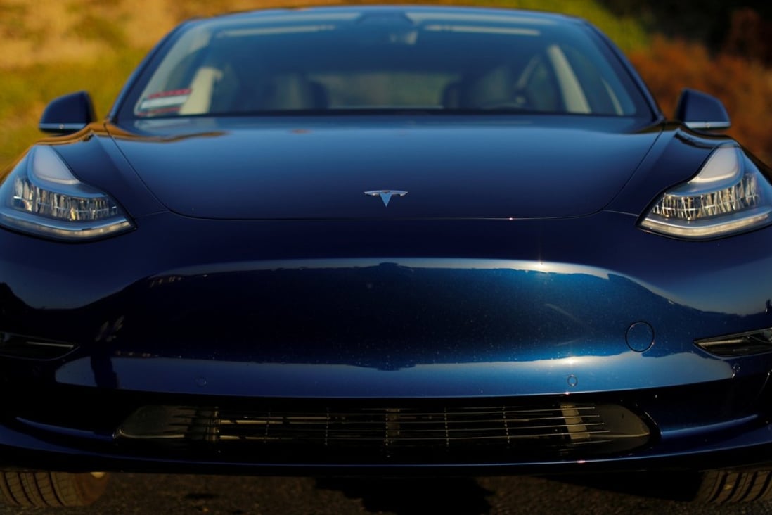 Shares in Tesla have jumped after the company’s founder said that the ‘full self-driving feature’ would be unveiled in August. Pictured is a 2018 Tesla Model 3. Photo: Reuters