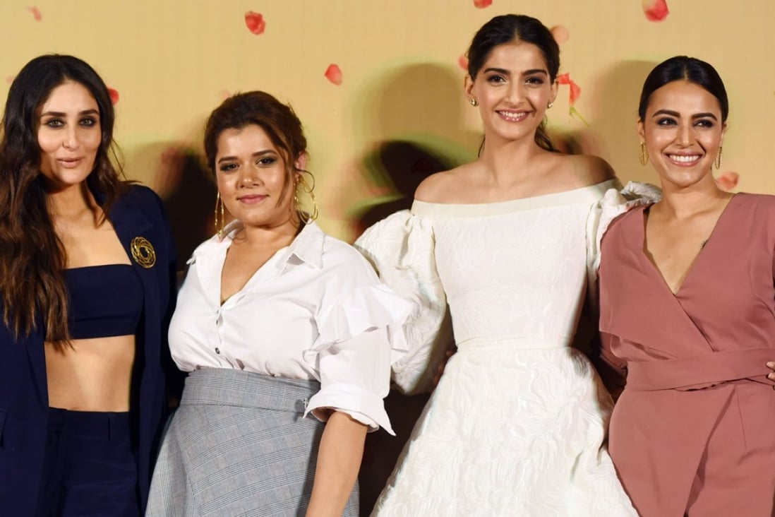 Bollywood actress Swara Bhaskar (far right) is facing off with online trolls angry that she depicts masturbation in her new film ‘Veere Di Wedding’. Also pictured are her co-stars in the film Kareena Kapoor Khan (far left), Shikha Talsania (second left) and Sonam Kapoor (second right). Photo: AFP