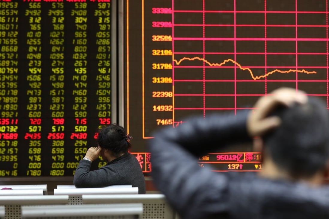 The Shanghai Composite Index dropped 0.5 per cent to 2,844.51 at the close on Tuesday. Overall, Chinese stocks have lost about US$1.6 trillion in total value since a high in January. Photo: EPA