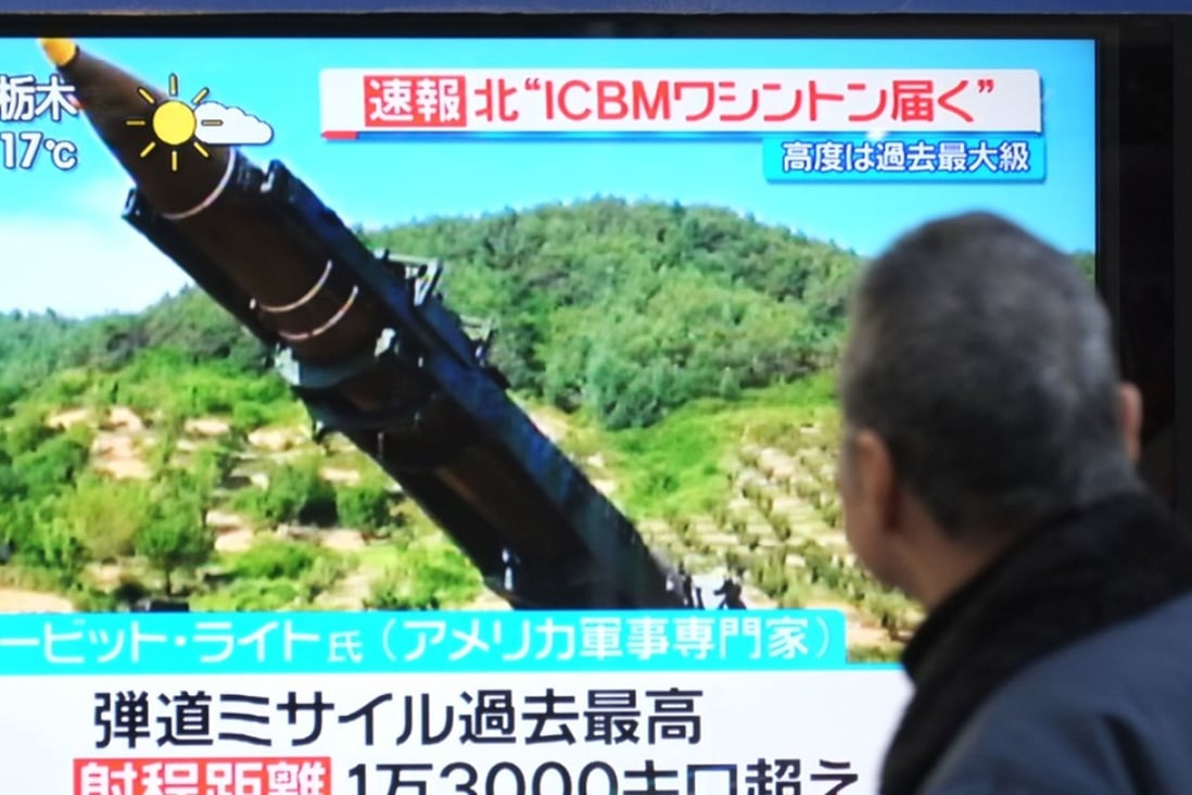 A news report in Japan in 2017 about a missile launch by North Korea. On Tuesday, a North Korean delegate to a UN conference on disarmament told Japan to “refrain from poking into others’ business”. Photo: AFP