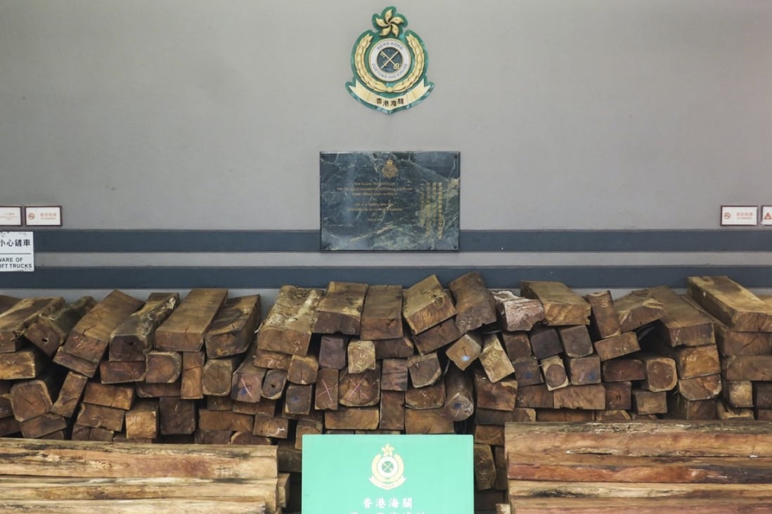 The 29 tonnes of endangered wood is estimated to be worth HK$1.15 million. Photo: Hong Kong Customs & Excise Department