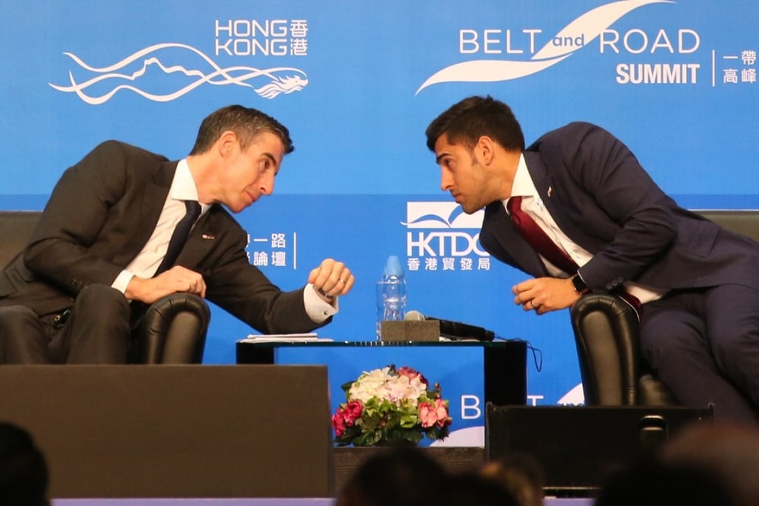 James Cameron, (left) co-head of infrastructure and real estate group for Asia-Pacific at HSBC, and Tim Warren, head of credit lines for Asia-Pacific at Zurich Insurance, at the Belt and Road summit in Hoong Kong on Thursday. Photo: David Wong