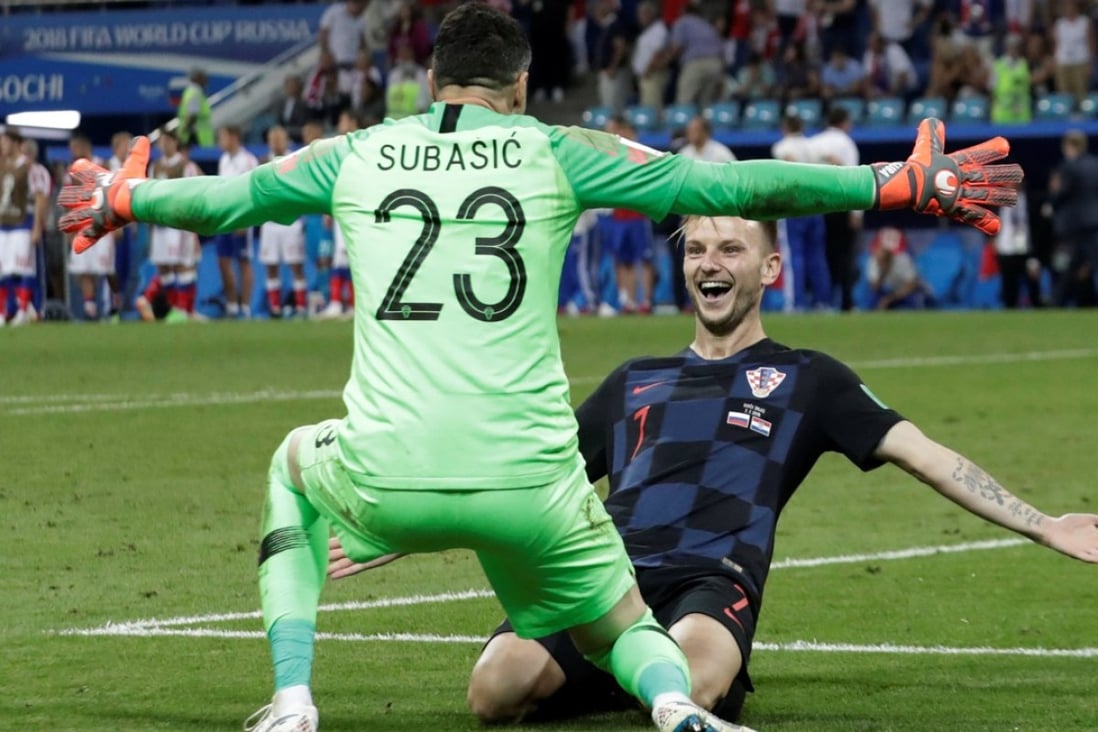Croatia's Ivan Rakitic celebrates with Danijel Subasic after winning the penalty shoot-out. Photo: Reuters