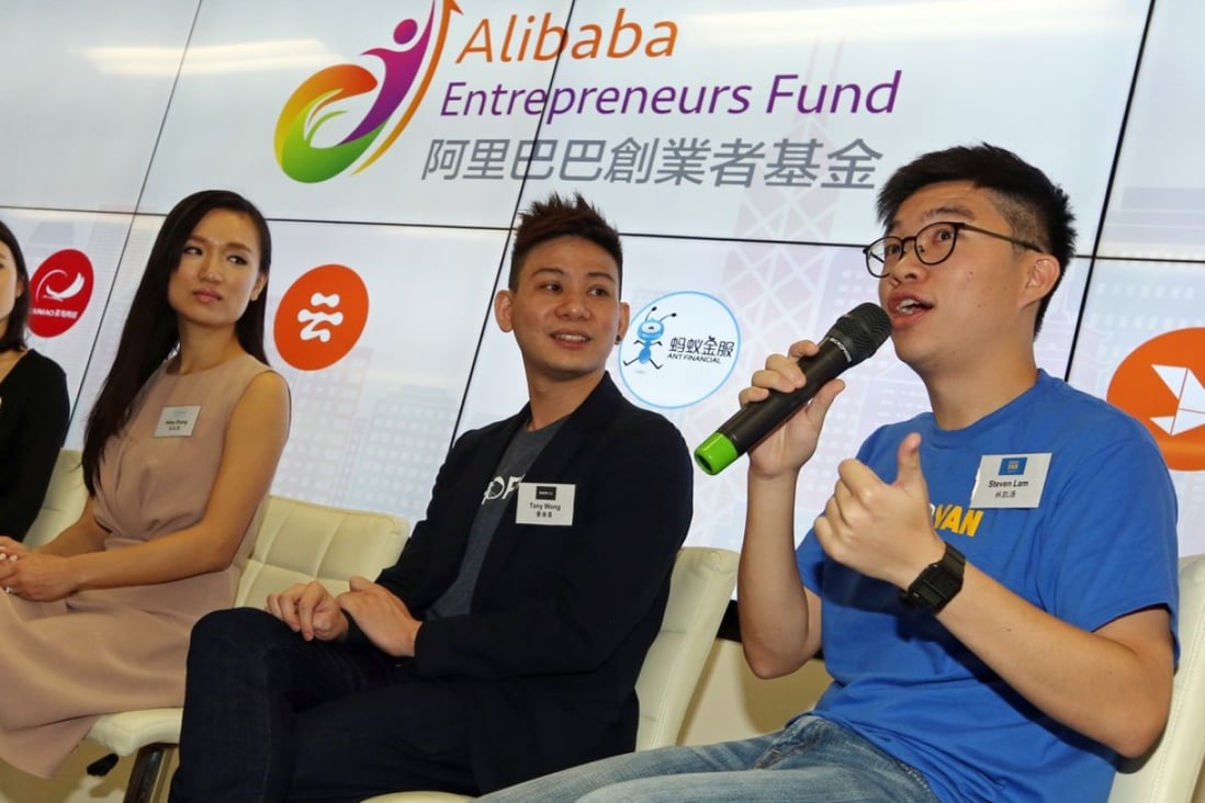 Steven Lam, (far right) co-founder and CEO of GoGoVan, attends the Alibaba Hong Kong Entrepreneurs Fund press conference in Times Square. Photo: Nora Tam