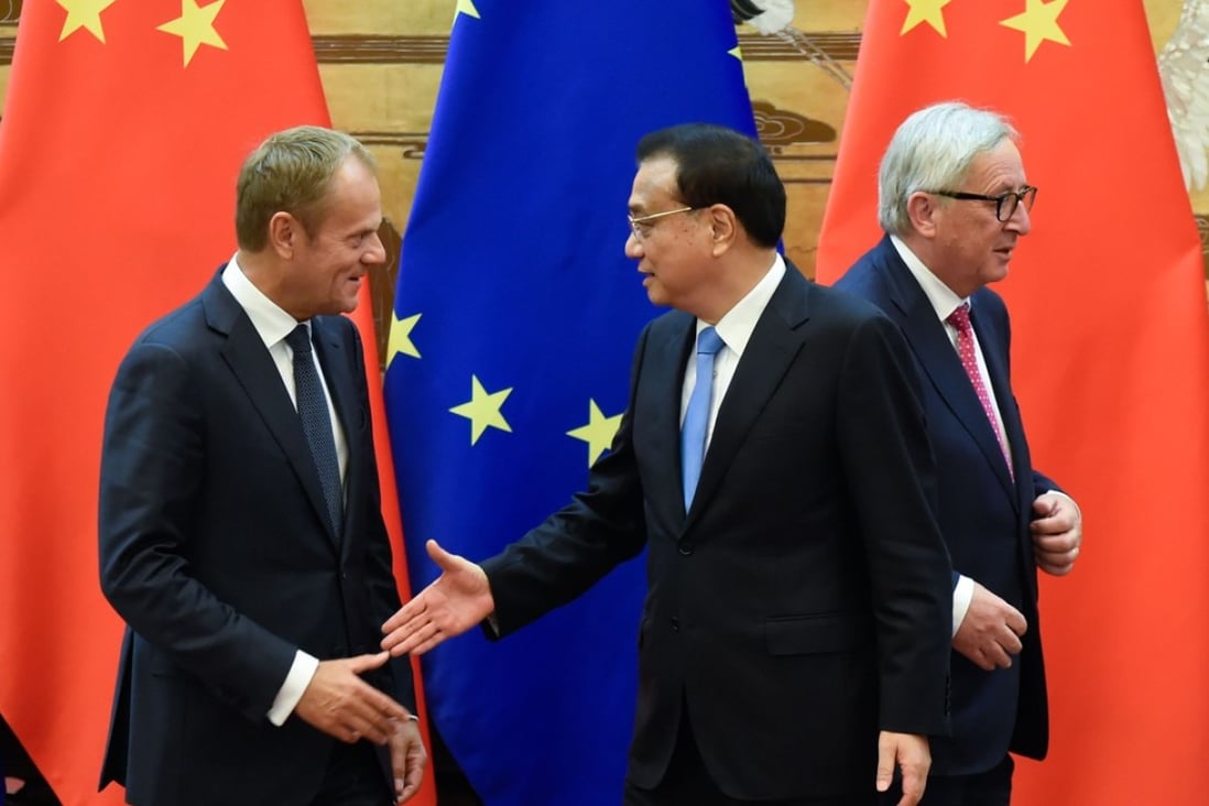 Chinese Premier Li Keqiang with European Council President Donald Tusk (left) and European Commission President Jean-Claude Juncker (right) at the 20th EU-China summit in Beijing on Monday. Photo: AFP