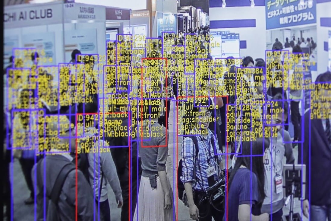 The object detection and tracking technology developed by SenseTime Group is displayed on a screen at the Artificial Intelligence Exhibition & Conference in Tokyo in April this year. Photo: Bloomberg