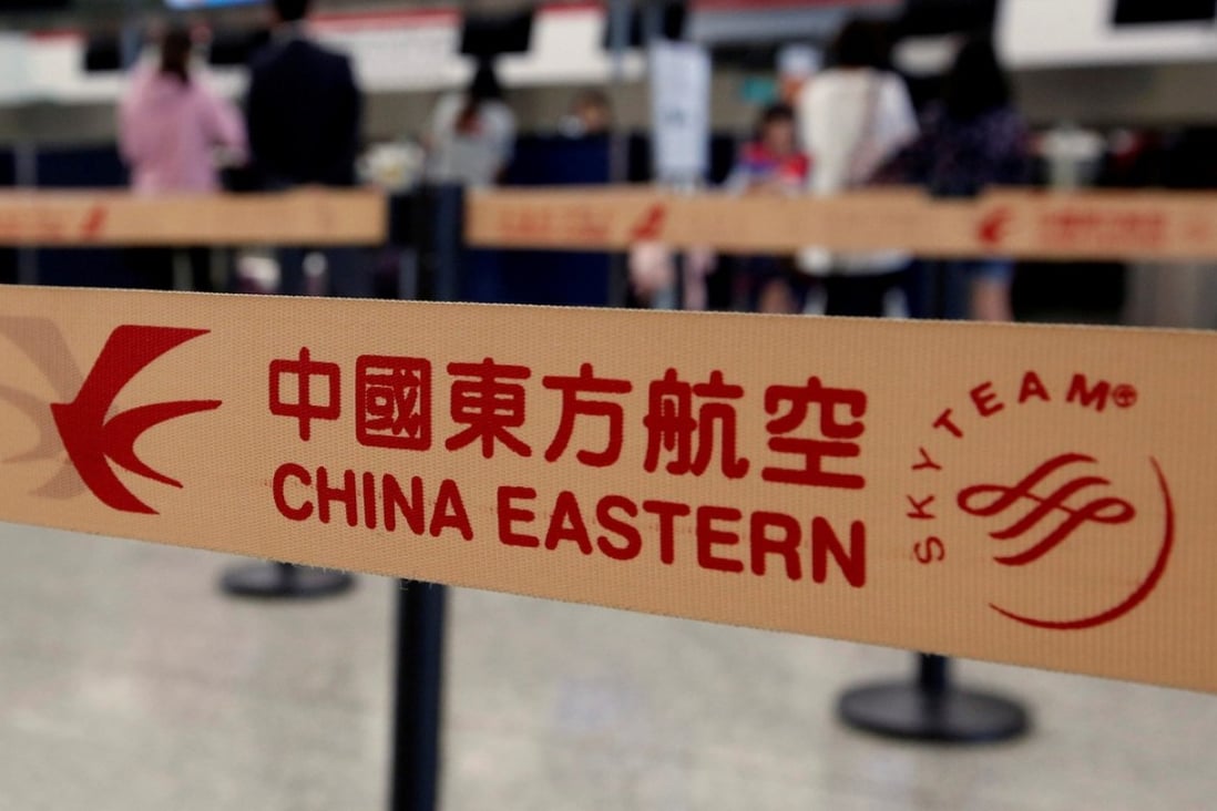 A China Eastern rope is seen in Hong Kong airport. Two attendants from the airline were caught trying to smuggle turtles into the US. Photo: Reuters