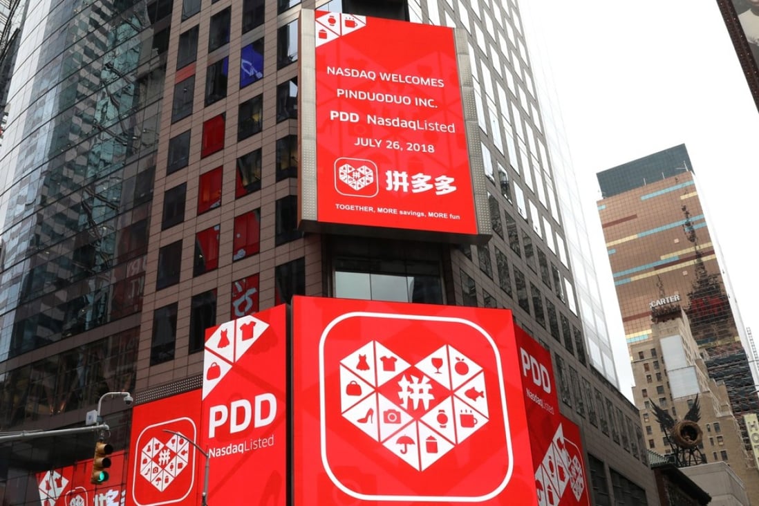A display at the Thomson Reuters building shows a message after Chinese online group discounter Pinduoduo was listed on the Nasdaq exchange in Times Square in New York City. Photo: Reuters