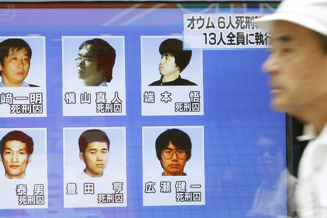 A street television screen in Tokyo in July shows six former Aum Shinrikyo cult members who were executed earlier in the day. Photo: Kyodo