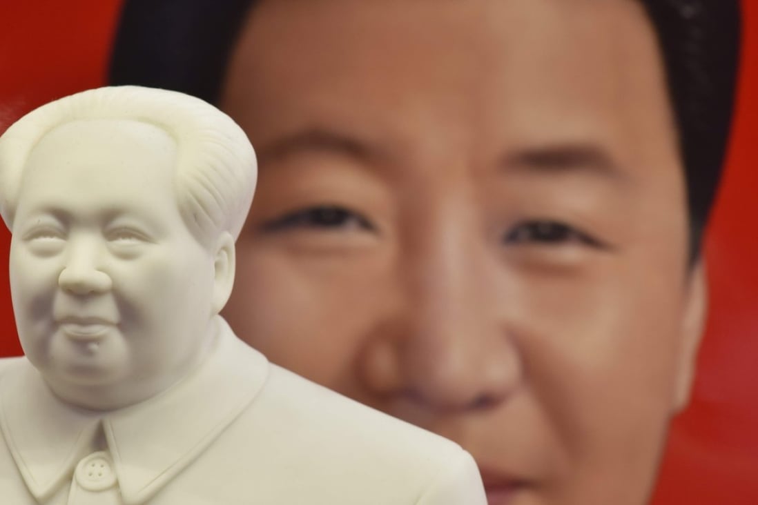 A decorative plate featuring an image of President Xi Jinping is seen behind a statue of late communist leader Mao Zedong, at a souvenir store next to Tiananmen Square in Beijing on February 27. On March 11, the National People’s Congress voted to strike a constitutional provision barring the president from serving more than two consecutive terms. Photo: AFP