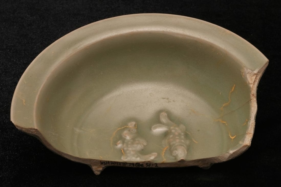A celadon dish with double fish pattern from the Song-Yuan dynasties (960-1368) at the ‘East Meets West: Maritime Silk Routes in the 13th to 18th Centuries’ exhibition at the Hong Kong Maritime Museum.