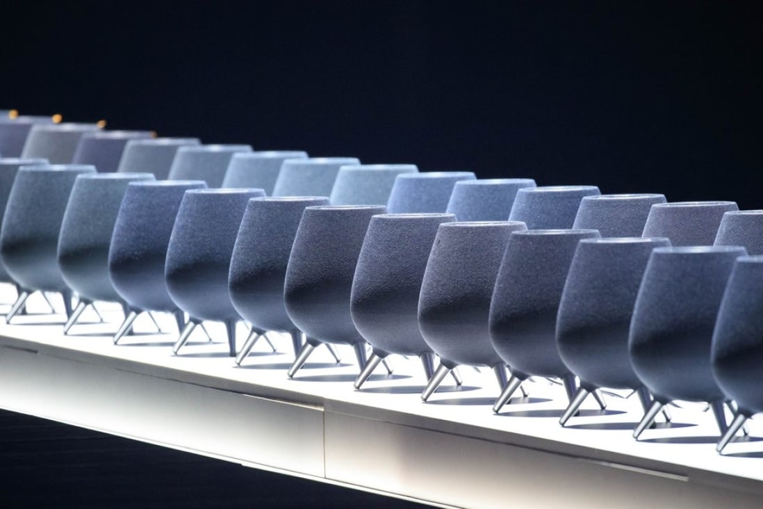 A display of the new Samsung Galaxy Home artificial intelligence speakers at a product launch event held in New York last Thursday. Photo: AFP