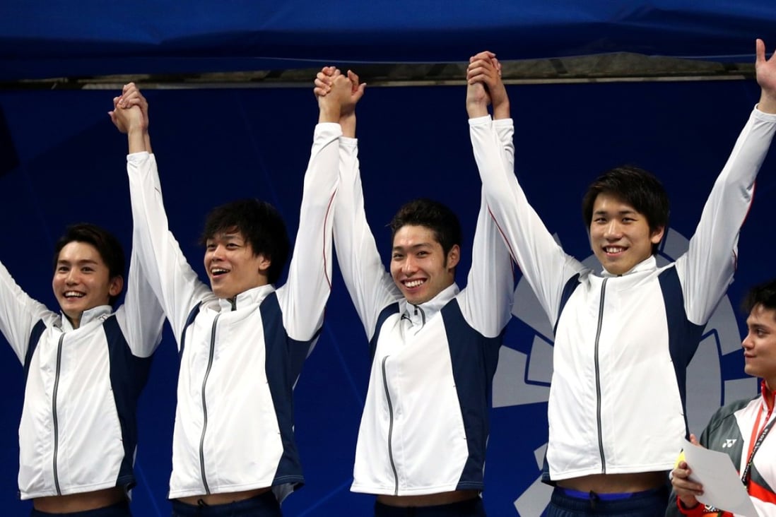Japanese gold medallists Naito Ehara, Reo Sakata, Kosuke Hagino and Katsuhiro Matsumoto. Photo: Reuters