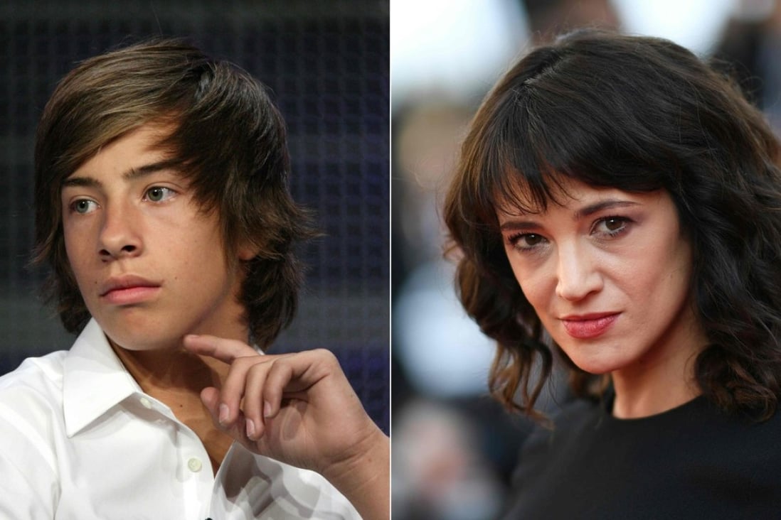 TOPSHOT – (COMBO) This combination of pictures created on August 19, 2018 shows a file photo of actor Jimmy Bennett onstage during the 'No Ordinary Family' panel during the summer Television Critics Association press tour on August 1, 2010 in Beverly Hills, California and a file photo of Italian actress Asia Argento as she arrives on May 19, 2018 for the closing ceremony and the screening of the film “The Man Who Killed Don Quixote” at the 71st edition of the Cannes Film Festival in Cannes, southern France. – Italian actress Asia Argento, who became a leading figure in the #MeToo movement after accusing powerhouse producer Harvey Weinstein of rape, paid hush money to a man who claimed she sexually assaulted him when he was 17, The New York Times reported Sunday August 19, 2018. (Photos by Frederick M. Brown and Loic VENANCE / various sources / AFP)