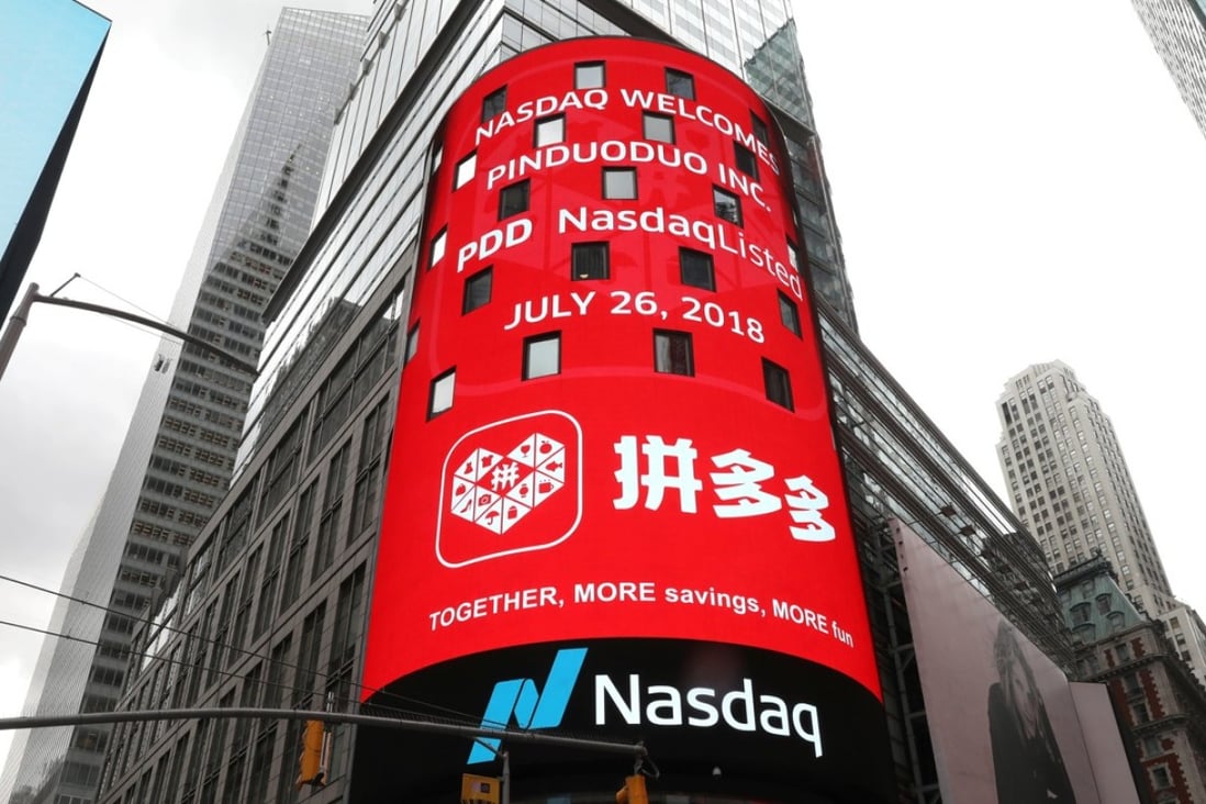 A display at the Nasdaq Market Site shows a message after Chinese online group discounter Pinduoduo Inc. (PDD) was listed on the Nasdaq exchange in Times Square in New York City, New York, US, July 26, 2018. REUTERS/Mike Segar