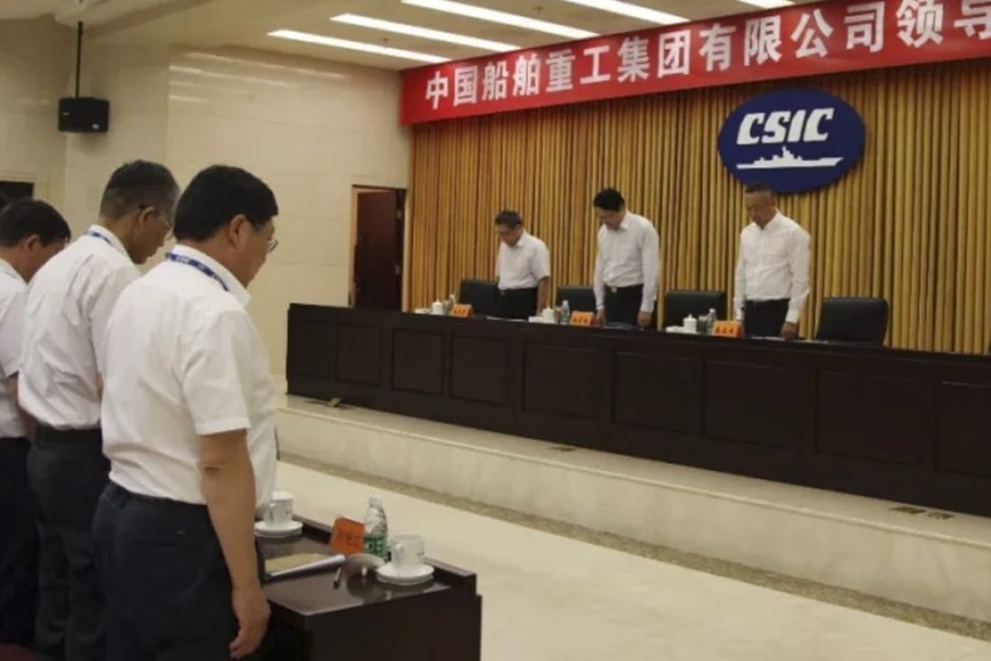 The company holds a minute’s silence for the three men who lost their lives, calling on all staff to learn from them and work hard to make China’s navy world-class. Photo: Weibo