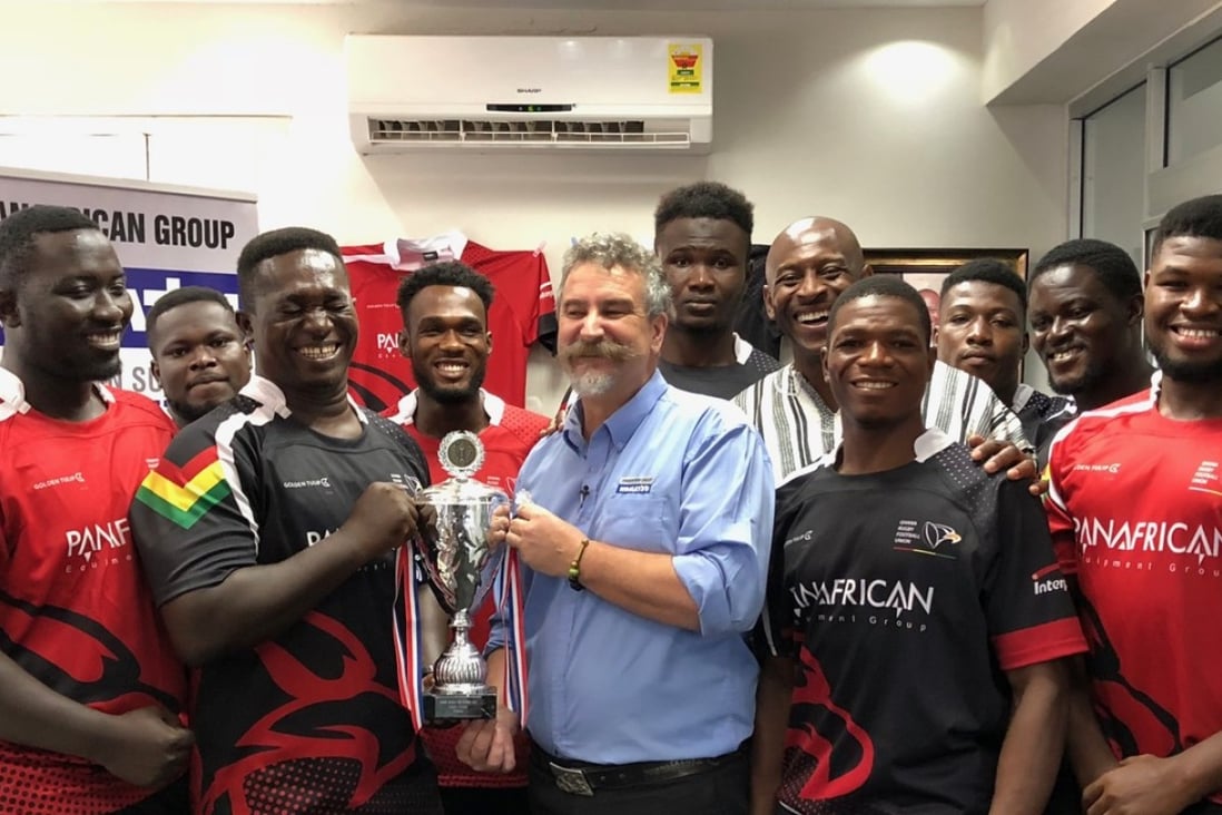 The Ghana Eagles rugby squad thank with their sponsor, Panafrican Equipment, for its support in winning the 2018 Rugby Africa Bronze Cup in May.