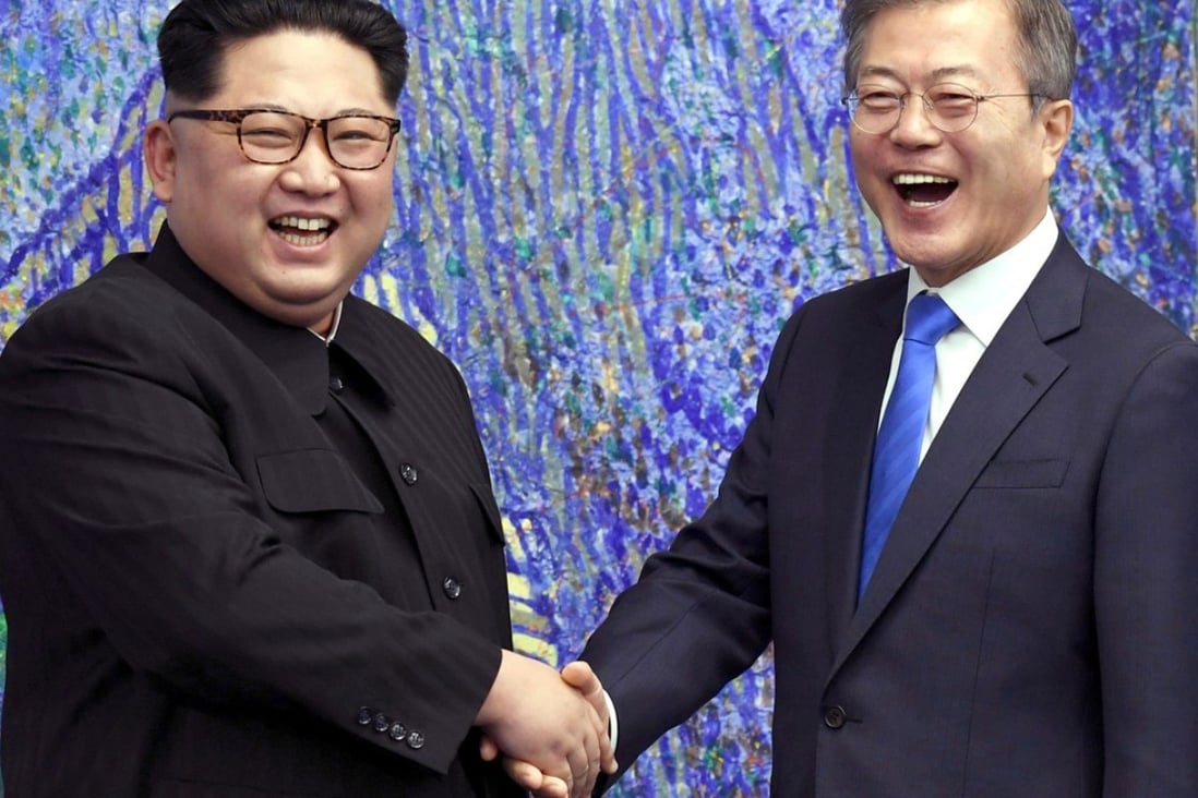 North Korean leader Kim Jong-un (left) with South Korean President Moon Jae-in during their April meeting. Photo: AP