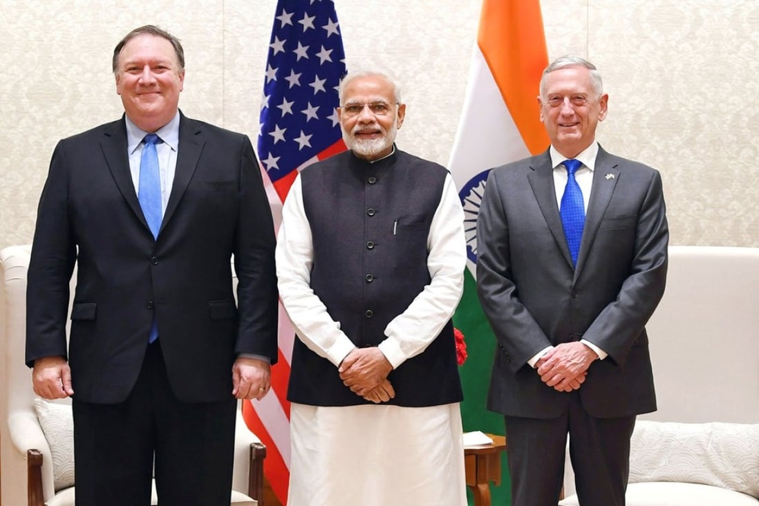Indian Prime Minister Narendra Modi flanked by US Secretary of State Mike Pompeo and Secretary of Defence James Mattis before a meeting in New Delhi on Thursday. Photo Reuters