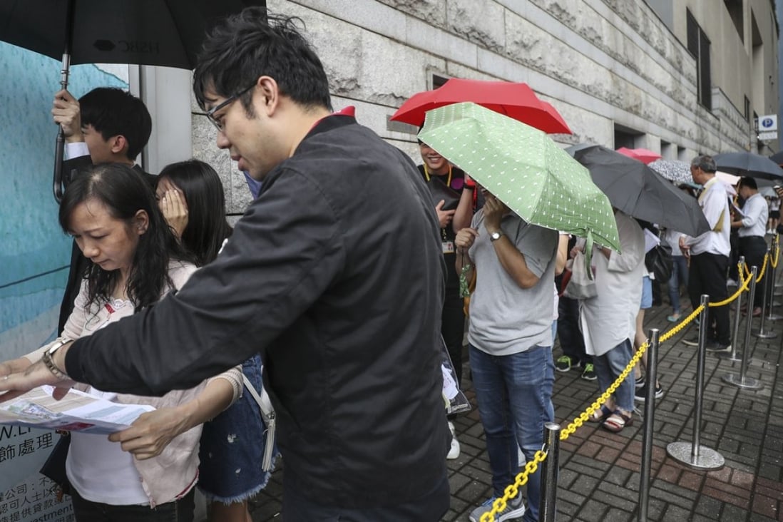 Nan Fung Development's LP6 project in Lohas Park attracted long queues of buyers at Octa Tower in Kowloon Bay, who braved a thunderstorm to snap up the units on offer on 8 September 2018. Photo: SCMP/Edward Wong.