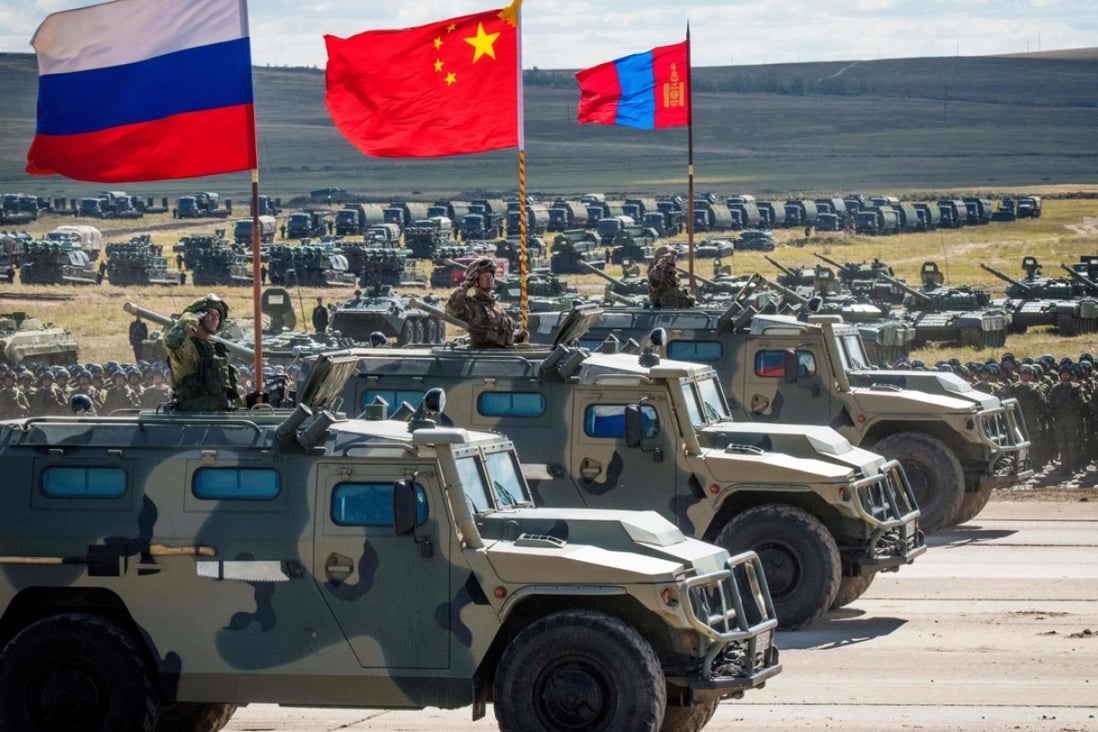 Russian, Chinese and Mongolian troops take part in a military equipment parade at Tsugol training ground in Siberia not far from the Chinese and Mongolian border on Thursday. Photo: AFP
