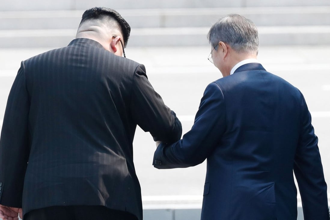 North Korean leader Kim Jong-un and South Korean President Moon Jae-in at the village of Panmunjom in the Demilitarised Zone on April 27, 2018. Photo: TNS